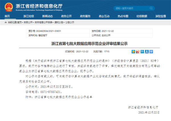 喜訊|筑龍股份公司入選“浙江省第七批大數(shù)據(jù)應(yīng)用示范企業(yè)”
